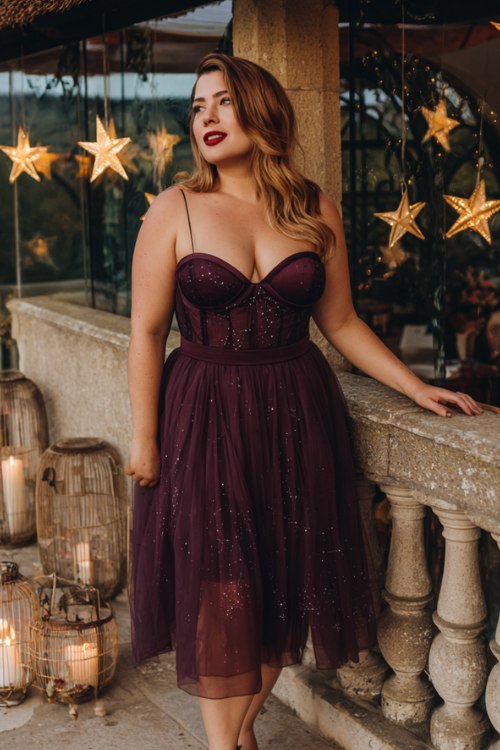 A curvy woman over 40 wears an aubergine tulle tea-length dress with a corset bodice and embroidered constellations