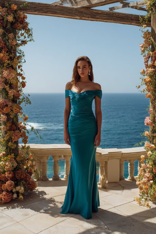A woman wearing a teal off-shoulder gown with a subtle train and delicate earrings, standing near a floral-covered pergola at a destination wedding by the sea