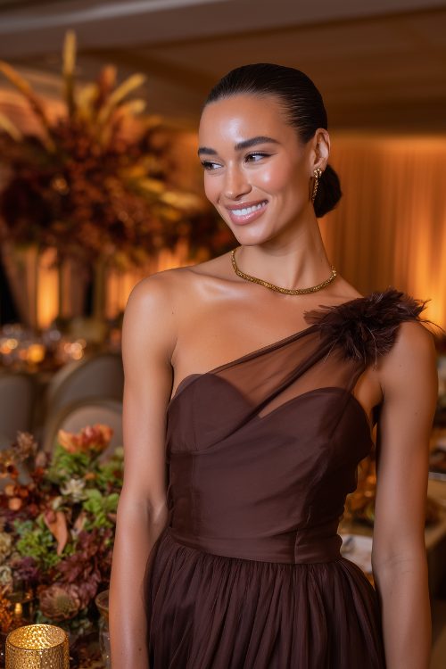 A woman in a chocolate brown one-shoulder dress with a sheer overlay and golden jewelry