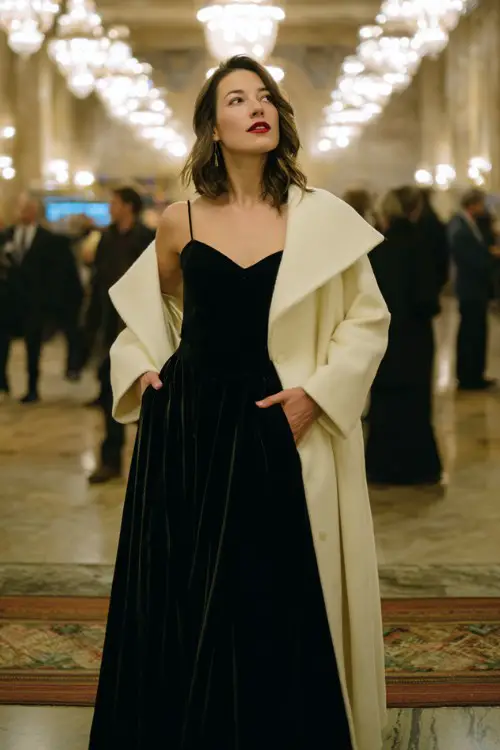 A woman wears a floor-length black velvet gown with a structured cream wool coat draped over her shoulders