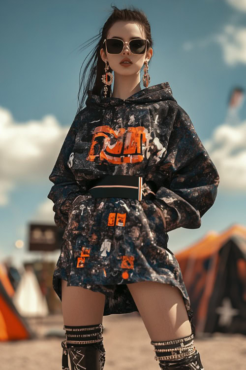 A trendsetter in an oversized graphic hoodie styled as a dress, cinched at the waist with a statement belt, paired with knee-high boots and hoop earrings