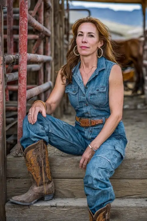A woman over 40 wears a denim jumpsuit belted at the waist, cowboy boots, and hoop earrings at a rustic barnyard show
