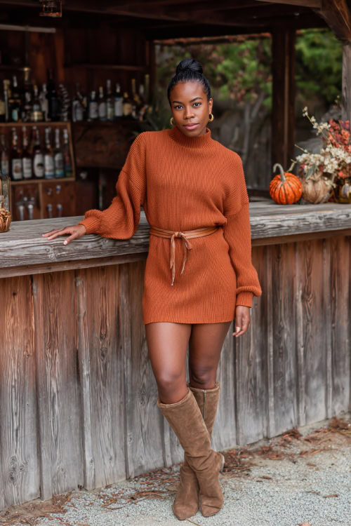 A Black woman wearing a burnt orange ribbed sweater dress with a belt at the waist, styled with knee-high boots, posing by a rustic wooden bar with autumn decor