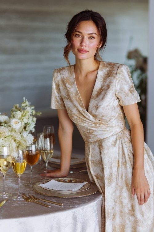 a woman over 50 in a champagne jacquard cocktail dress with pleated skirt