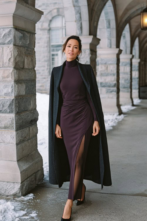 A woman over 30 wears a dark plum high-neck gown with long fitted sleeves, side slit, and sheer black tights, layered with a tailored wool cape coat and black pumps