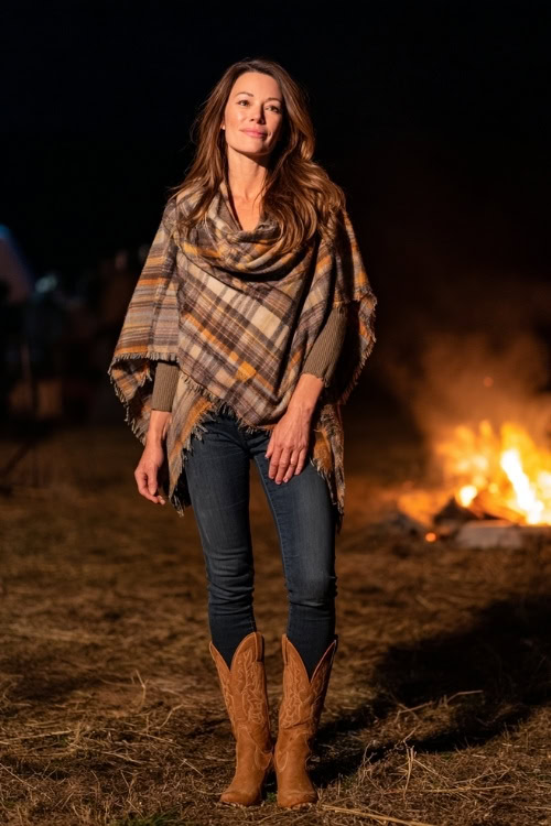 A woman wears a plaid poncho draped over a fitted sweater and skinny jeans, styled with suede cowboy boots, standing by a bonfire at a chilly country night concert