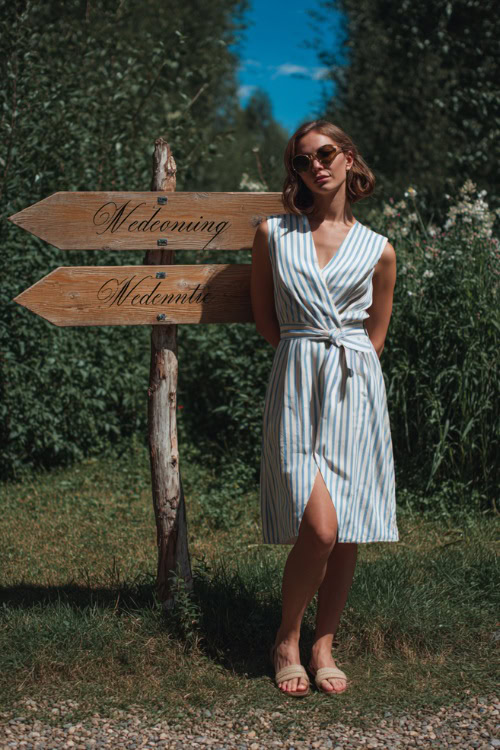A woman in a simple white and blue striped wrap dress with flat sandals, standing near a wooden sign pointing to the wedding ceremony, full body view