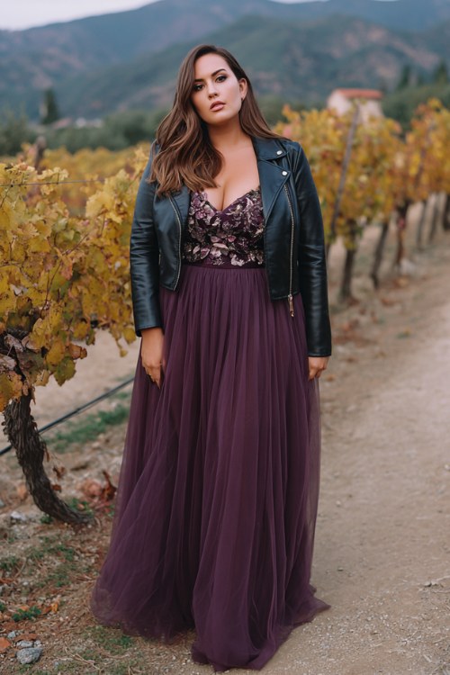 A plus size woman wears a plum tulle gown with embroidered floral bodice, topped with a cropped moto leather jacket