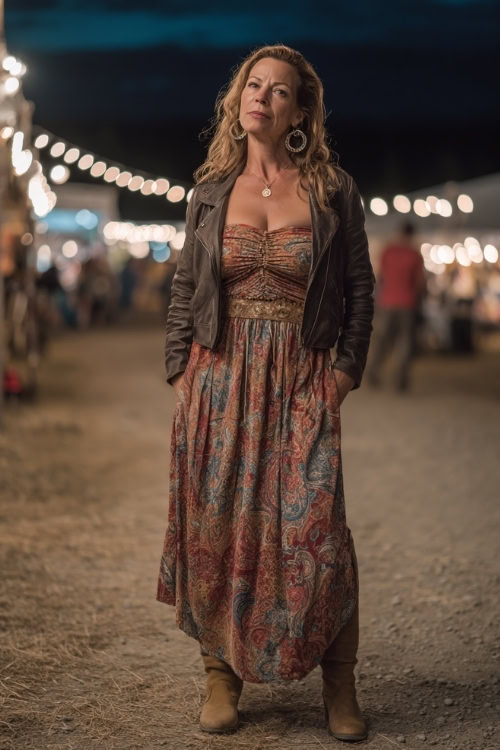 A woman over 40 wears a bohemian paisley maxi dress layered with a cropped leather jacket, suede boots, and statement earrings under string lights at a country concert