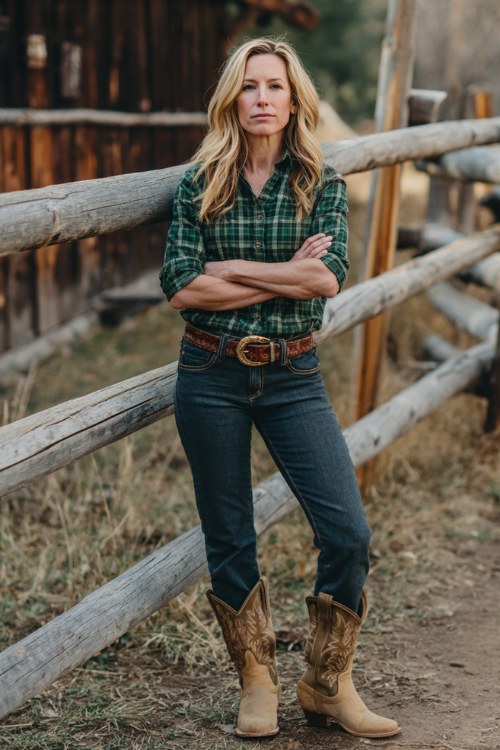 A woman over 40 wears dark-wash skinny jeans, tan cowboy boots, and a fitted green flannel tucked in with a leather belt