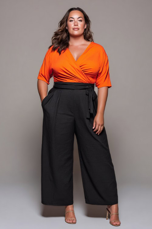 A plus-size woman wearing a bright orange wrap top with high-waisted wide-leg trousers and open-toe heels, styled for a bold and flattering summer night look