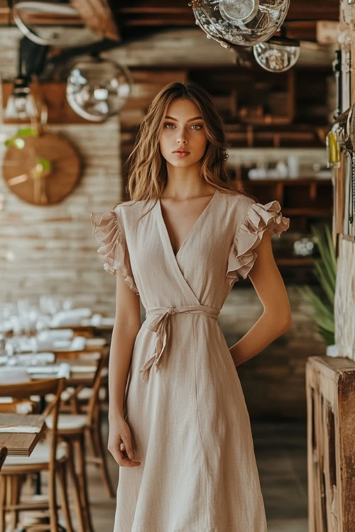 A woman wears a beige wrap-style wedding guest dress with ruffle sleeves