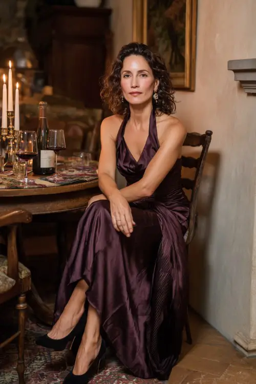 A woman over 40 wears a dark plum crepe dress with a fitted bodice and pleated skirt, paired with black pumps