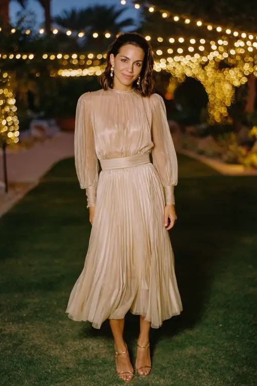 A woman wears a champagne pleated A-line gown with sheer long sleeves, styled with pearl studs and heels