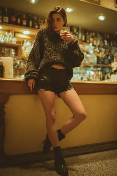 A woman in black leather mini shorts, a chunky oversized knit sweater, and ankle boots, holding a drink near the bar counter on a fall evening