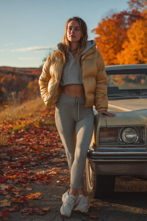 Woman wearing a cropped puffer jacket, sweatshirt, leggings, and sneakers, standing beside a vintage car surrounded by fall leaves