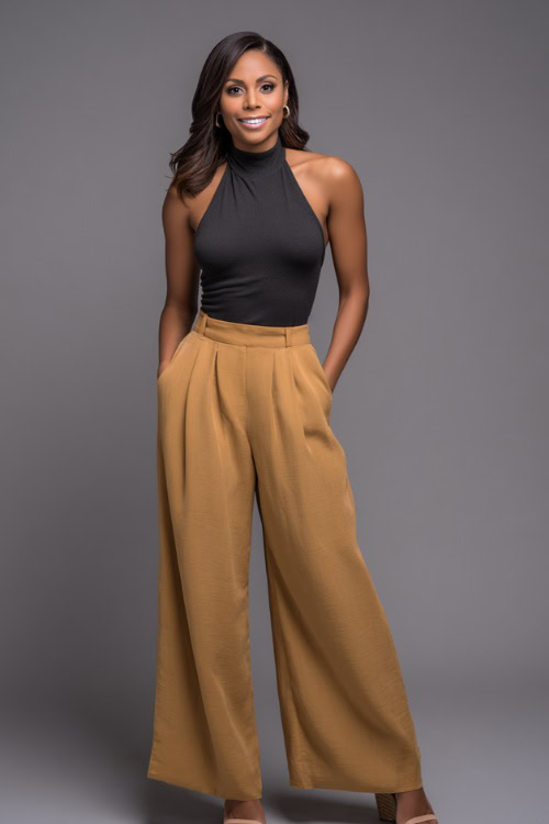 A mid-size woman wearing a fitted halter top with wide-leg trousers and wedge heels, styled for a sleek and flattering silhouette, simple studio background
