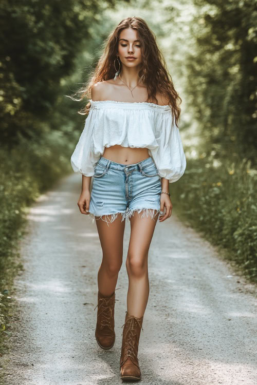A stylish woman in a loose off-the-shoulder white peasant blouse with distressed denim shorts, paired with brown ankle boots and a fringe crossbody bag