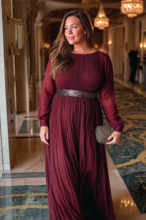 A plus-size woman wears a long-sleeve maroon pleated chiffon gown with a cinched waist, accessorized with a jeweled belt and matching clutch, walking at an elegant hotel ballroom wedding