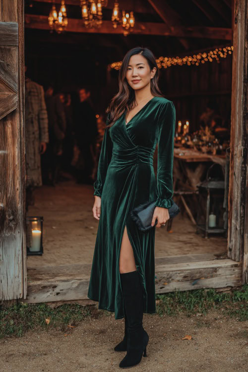 A woman wears a deep forest green velvet wrap dress with long sleeves, paired with black heeled boots and a clutch
