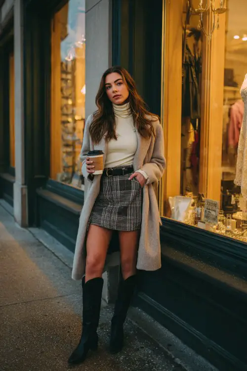 A curvy woman wears black tall cowboy boots with a plaid mini skirt, cream turtleneck, and long wool coat