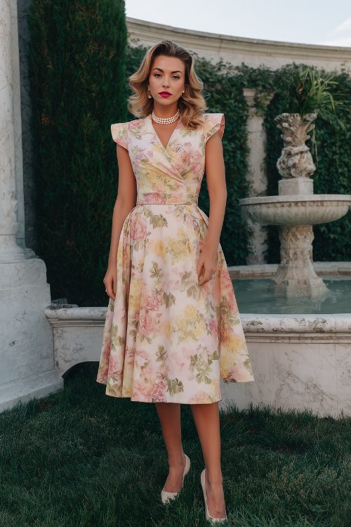 A woman in a pastel floral A-line midi dress with cap sleeves, styled with classic pumps and pearl necklace
