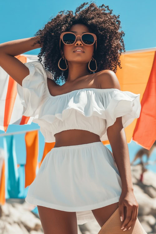 A Black woman wearing a white puff-sleeve mini dress with tan sandals and oversized round sunglasses, posing beside festival flags