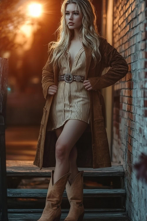 A woman in a long suede coat, a ribbed midi dress, and studded cowboy boots, accessorized with a concho belt