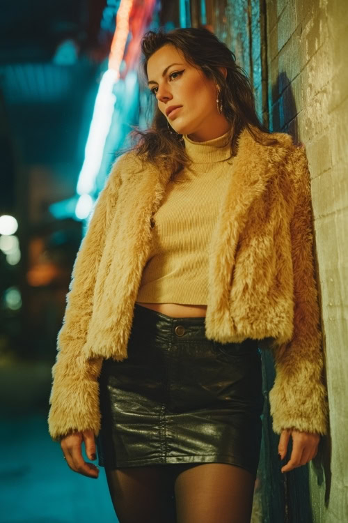 A curvy woman wears a faux fur cropped jacket over a turtleneck top and leather mini skirt, styled with tights and cowboy boots, standing in a night concert setting with neon lights