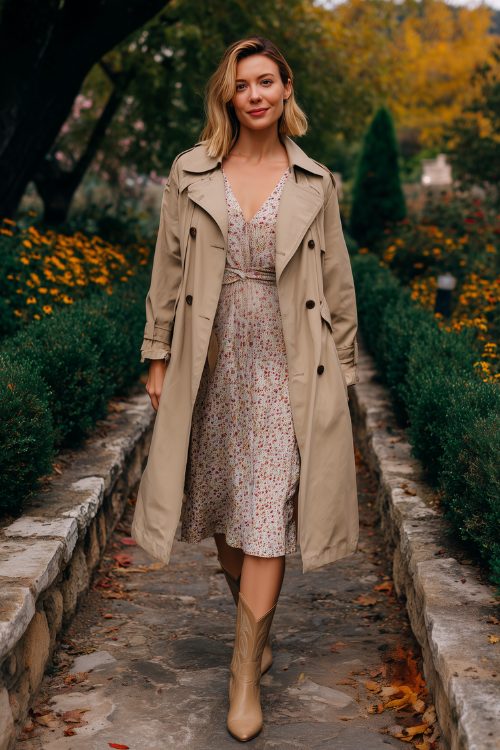 A woman in a classic camel trench coat over a floral midi dress and tan cowboy boots