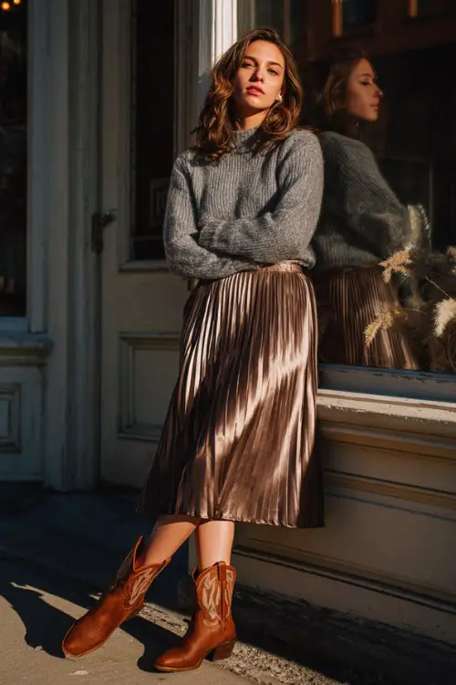 A woman wears brown cowboy boots with a chunky gray sweater and a pleated satin skirt (2)
