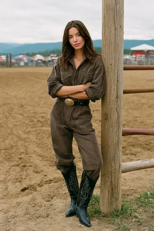 A woman wears a corduroy jumpsuit belted at the waist with sleek black cowboy boots