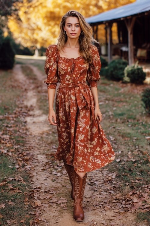 a woman wears a floral rust fall wedding guest dress with cowboy boots (2)