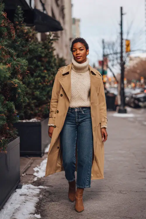 Black woman wearing a camel trench coat, cream turtleneck sweater, wide-leg jeans, and ankle boots, walking confidently down a city street lined with winter trees