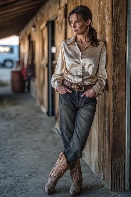 A woman over 40 in tailored bootcut jeans, a tucked-in satin blouse, and embroidered cowboy boots, accessorized with a leather belt and hoop earrings