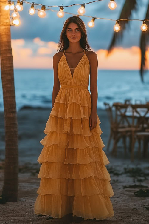 A woman in a tiered pastel yellow maxi dress with an empire waist, standing under soft string lights at a sunset beach wedding reception