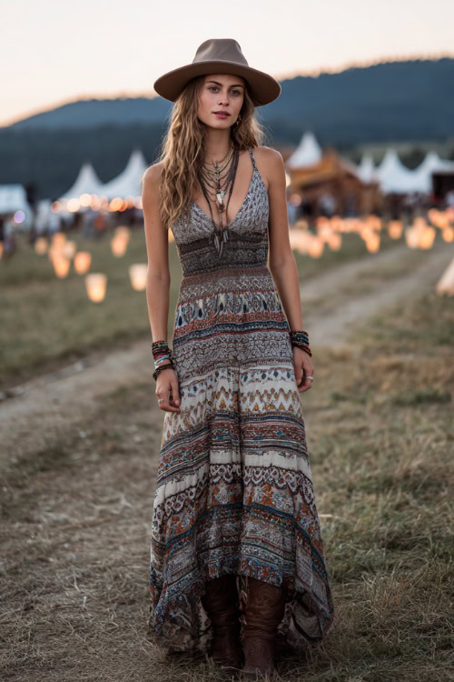 Boho maxi dress with layered jewelry and wide-brim hat at outdoor festival, casual fall fashion look.