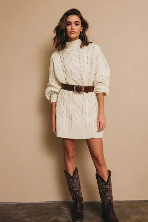 A woman wears a cream knit sweater dress with a brown leather belt and dark embroidered cowboy boots