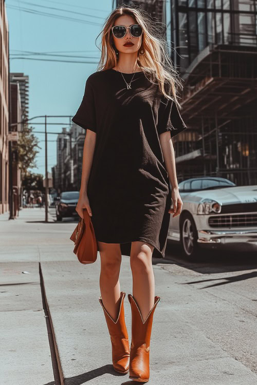 A stylish woman wearing a black oversized t-shirt dress with brown cowboy boots, accessorized with a crossbody bag and sunglasses
