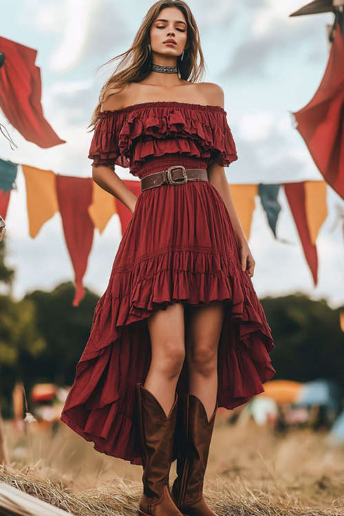 A free-spirited woman in a deep red off-the-shoulder peasant dress with tiered layers, paired with knee-high cowboy boots and a vintage leather belt