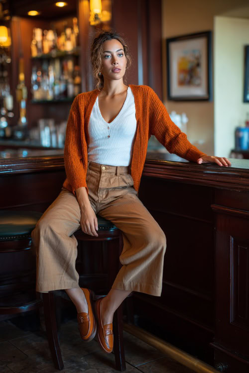 A woman in wide-leg cropped jeans, a burnt orange cardigan over a white camisole, and loafers, leaning casually at the corner of a fall bar, full body outfit visible