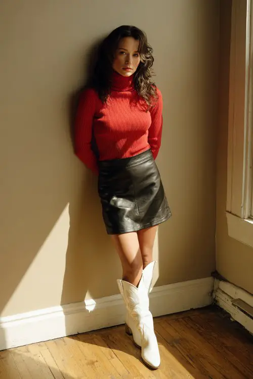 A woman in her 30s wears a fitted red turtleneck sweater, black faux leather skirt, and white cowboy boots