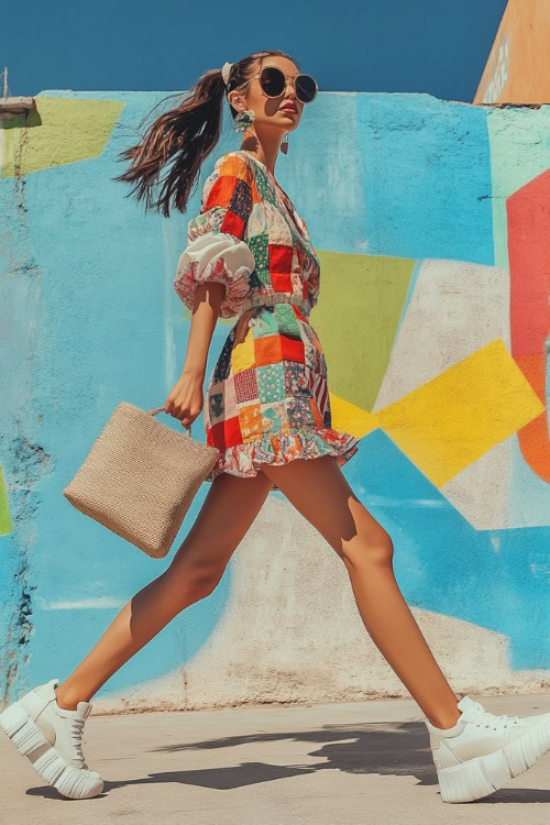 A woman in a patchwork-style mini dress with puff sleeves and chunky sneakers, accessorized with a canvas tote and statement sunglasses