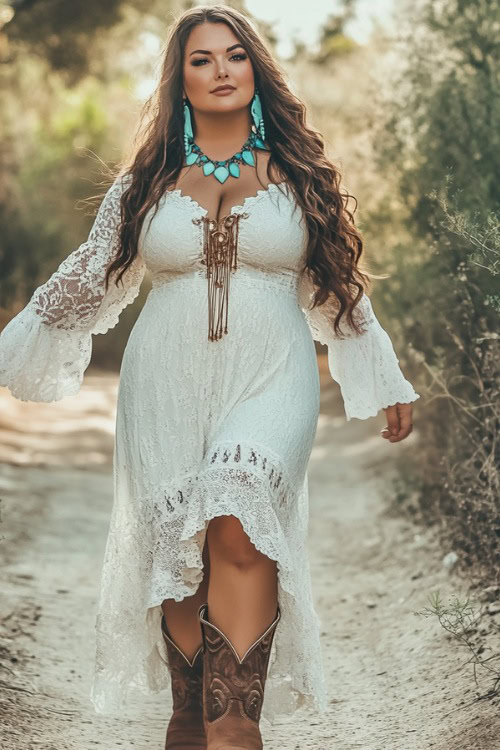 A confident plus-size woman in a bohemian white lace maxi dress with bell sleeves, paired with brown cowboy boots and layered turquoise jewelry