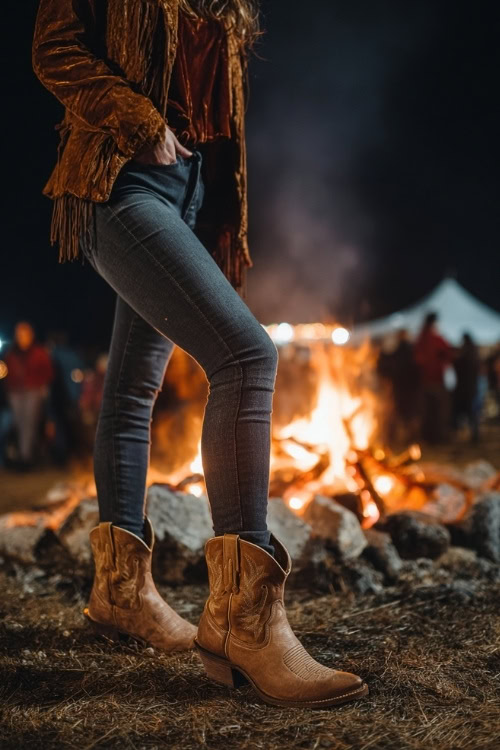 A woman wears a velvet long sleeve top tucked into skinny jeans, paired with a suede jacket and pointed-toe cowboy boots, standing near a bonfire at a cold night festival
