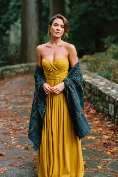 A woman wears a mustard yellow strapless gown with a softly pleated bodice and flowing skirt, draped in a dark tartan shawl for warmth