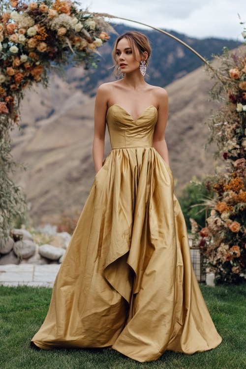 A woman wears a golden satin ballgown with a structured bodice and layered skirt, styled with statement earrings