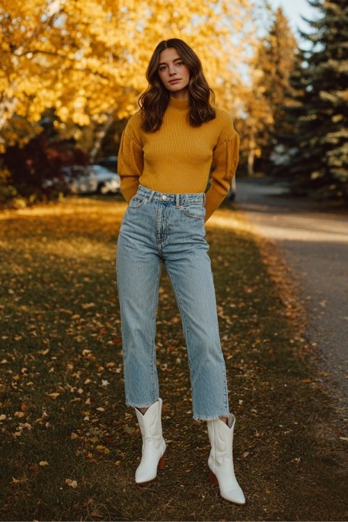 A woman wears a mustard yellow turtleneck tucked into high-waisted jeans with white cowboy boots