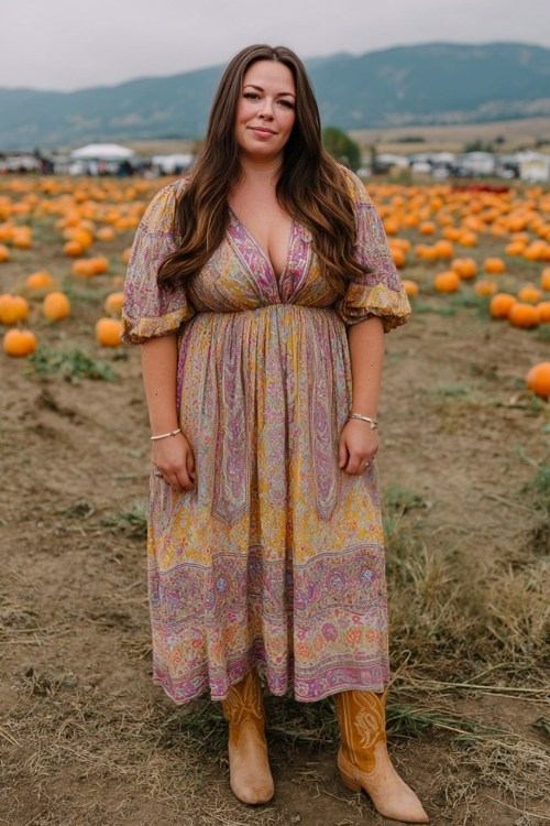 A plus-size woman over 40 wears a paisley-print maxi dress with tan cowboy boots