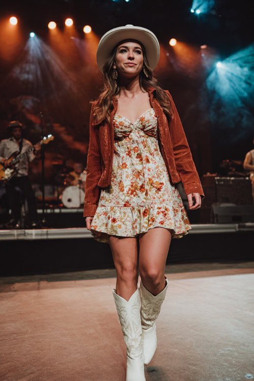 A woman wears a floral embroidered boho dress with a suede jacket, wide-brim felt hat